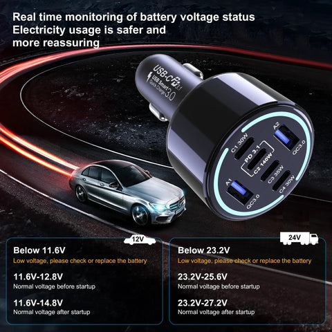 Straight Fire 300W Usb C Car Charger With Six Ports Smart Pd 3 1 Fast Charging Adapter on a road near a silver car.