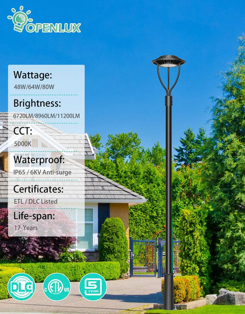 80W LED Post Top Light With Dusk To Dawn Sensor DLC ETL Listed IP65 outdoor pole light in garden setting, 5000K, 11200 LM