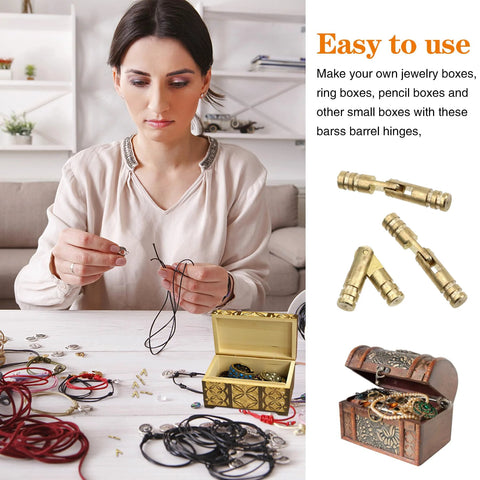 Invisible Brass Barrel Hinges Kit With 50 Pieces For Jewelry Boxes And Small Woodworking Projects Including Music Boxes Pencil Boxes And Hardwood Humidors Concealed Hinge Hardware For Crafts shown with woman crafting with jewelry box.