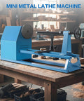 Kickstart Your Woodworking Game With This Smooth Mini Lathe Machine! Featuring 380W Power, 4-Speed Adjustments From 750 To 2150 RPM, And A Split-Type Tool Rest For Precise Turning And Sanding Projects. Blue mini metal lathe machine on a wood workshop table.