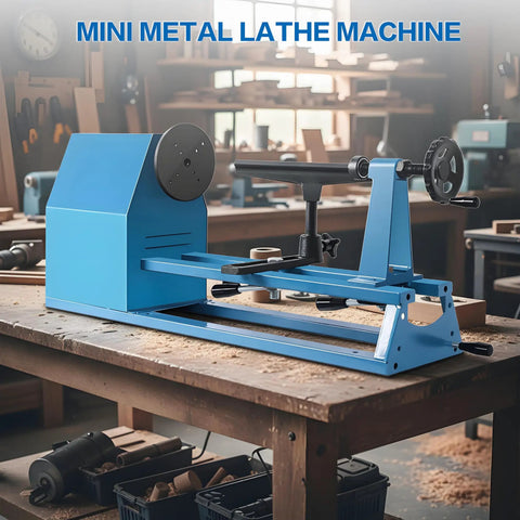 Kickstart Your Woodworking Game With This Smooth Mini Lathe Machine! Featuring 380W Power, 4-Speed Adjustments From 750 To 2150 RPM, And A Split-Type Tool Rest For Precise Turning And Sanding Projects. Blue mini metal lathe machine on a wood workshop table.