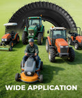 Set Of Two 13x6.50-6 Tubeless Lawn Mower Tires 4 Ply 14 PSI Max Load 200 Lbs Rim Width 4.5 In No Rims Included Fits Small Riding Mowers And Lawn Tractors, shown with tractors