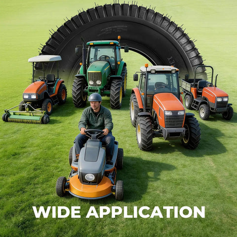 Set Of Two 13x6.50-6 Tubeless Lawn Mower Tires 4 Ply 14 PSI Max Load 200 Lbs Rim Width 4.5 In No Rims Included Fits Small Riding Mowers And Lawn Tractors, shown with tractors