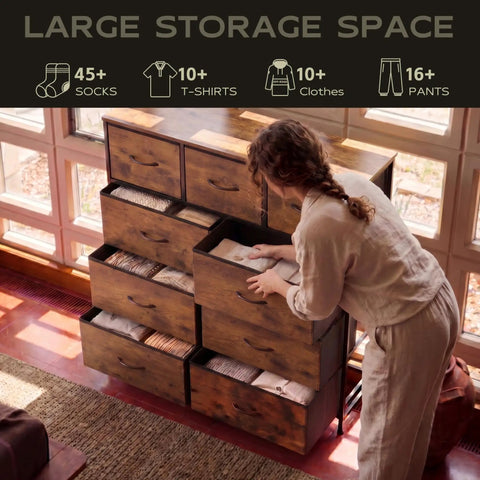 Top Drawer Tall Fabric Dresser For Bedroom Storage Packed With Nine Deep Foldable Drawers Rustic Brown A Clutch Space Saver Chest Of Drawers For Fresh Living Spaces