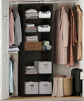 5 Tier Closet Organizer With Adjustable Shelves In Rich Espresso, Tall Bedroom Storage Rack Packed With Smart Space Saving Design, Kick Clutter To The Curb While Keepin Threads Organized Today in closet with clothes and storage bins.