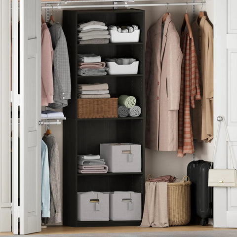 5 Tier Closet Organizer With Adjustable Shelves In Rich Espresso, Tall Bedroom Storage Rack Packed With Smart Space Saving Design, Kick Clutter To The Curb While Keepin Threads Organized Today in closet with clothes and storage bins.