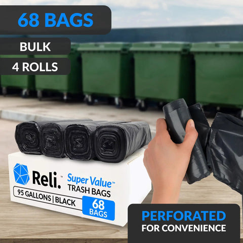 Box of Beefed Up 95 Gallon Black Trash Bags With Twist Ties 68 Count 60x66 Inches Leak Proof Star Seal beside green dumpsters