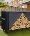 Heavy Duty 12 Foot Firewood Rack With Cover For Outdoor Storage And Indoor Use Large Black Log Rack Holds Three Quarters Face Cord Of Firewood Sturdy Tubular Steel Frame Weather Resistant, fully loaded with firewood on patio