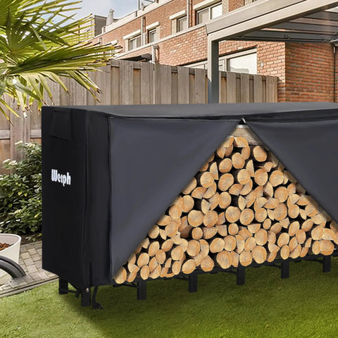 Heavy Duty 12 Foot Firewood Rack With Cover For Outdoor Storage And Indoor Use Large Black Log Rack Holds Three Quarters Face Cord Of Firewood Sturdy Tubular Steel Frame Weather Resistant, fully loaded with firewood on patio
