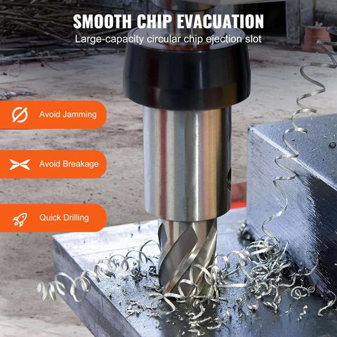 Installed annular cutter in a magnetic drill cutting into metal, generating spiral chips.