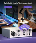 USB C Audio Interface For Recording, Streaming And Podcasting With 2 Channel XLR And Line Inputs, 24 Bit 48 KHz, 48V Phantom Power, Low Latency Sound Card For Home Studio, Silver shown with switchable line and instrument inputs.