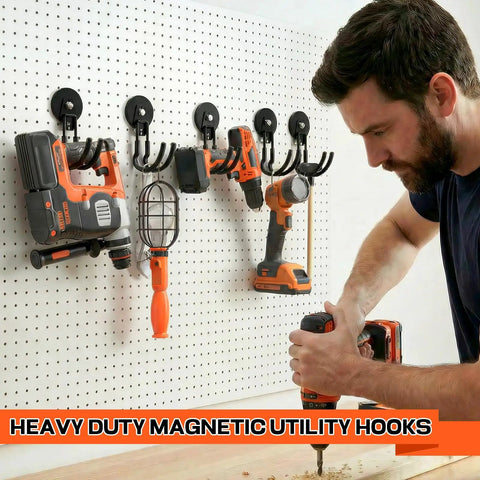 Heavy Duty Magnetic J Hooks Set With Anti Slip Layer For Metal Cabinets Garage Shelves And Garden Tools Beefy Build For Hanging Large Items Like Buckets Hoses And Tools Black Three Piece Set shown holding tools on pegboard