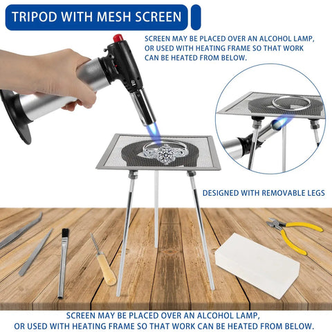 Jewelry Soldering Kit With Silver Solder Wire And Butane Torch for DIY, showing torch, tripod mesh screen, tools.