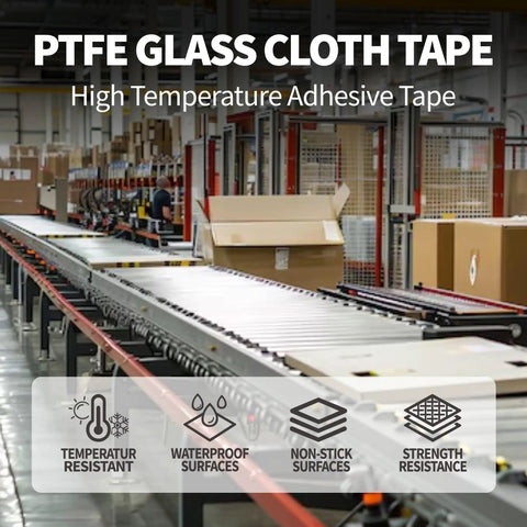 Factory showing PTFE Glass Cloth Tape features, including temperature resistance, non-stick, waterproof, strength, and packaging line.