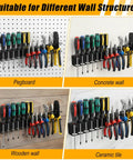 2 Pack Screwdriver Organizer Wall Mount Set With 28 Tool Capacity 14 Top And Bottom Holes Per Holder Metal Pliers Organizer displayed on various wall types with tools