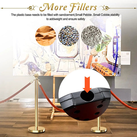 Gold Stanchions With Red Velvet Ropes, 6 Posts And 4 Five Foot Ropes, Crowd Control Barriers For Parties Or Events display