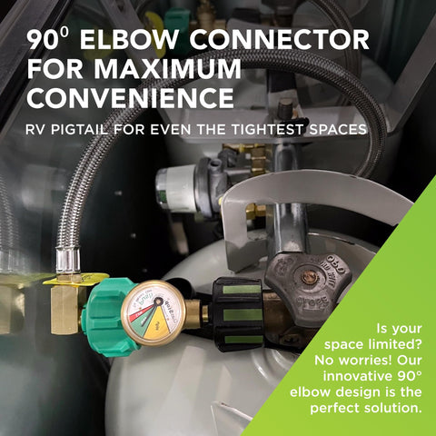 RV Propane Hose Extension 18 Inch Stainless Steel Braided Pigtail Hose With One Quarter Inch Inverted Flare And 90 Degree Angle Connector For Propane Regulator Single Pack shown installed on propane tank.