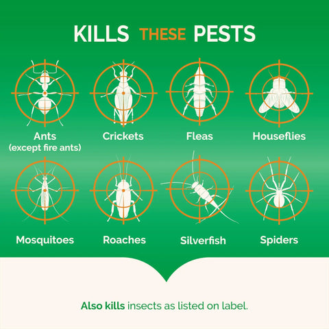 Graphic showing pests killed by Savage Insect Killer Fogger With Odor Neutralizer including ants, crickets, fleas, and spiders.