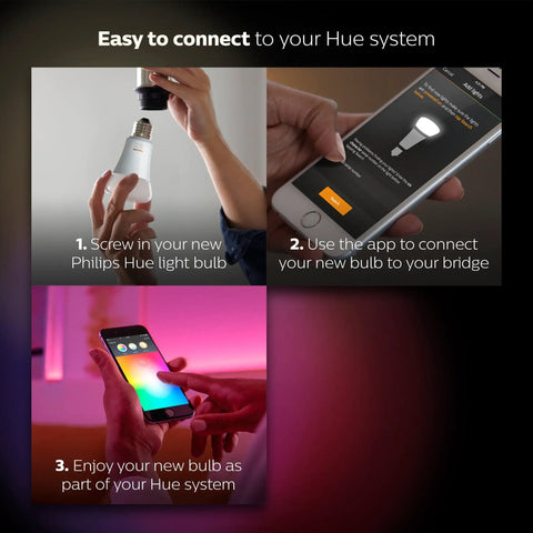 Get Your Hands On This Awesome A19 Smart Bulb That Gives You 16 Million Colors To Light Up Any Lamp Or Overhead Light Just Right Needs A Smart Hub To Work And Plays Nice With Alexa For Hands Free Voice Control This Is The Older Version But Still Kicks. Connection steps illustration with bulb, app, and phone screen.