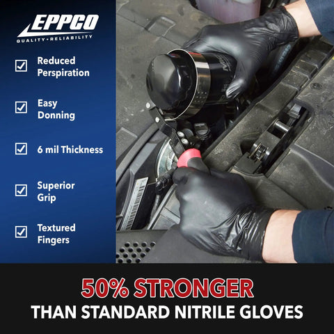 Built Tough 6 Mil Thick Black Nitrile Work Gloves For Mechanics And Auto Repair, Disposable Powder Free Latex Free With Textured Superior Grip, Waterproof Reinforced Palm Bulk Pack X Large on hands working under a car hood.