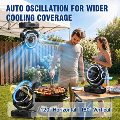 9 Inch Rechargeable Camping Fan Auto Oscillating With 20000mAh Battery For 12 To 60 Hours Of Run Time Keeps You Cool All Day Light