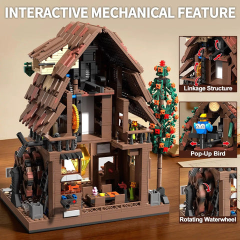 Cuckoo Clock House Building Set Compatible With Lego Real Working Clock And Rotating Waterwheel Mechanical Linkage Big House Build Kit For Adults And Kids Ages 8 To 12 1909 Pieces Epic Birthday Gift, opened brick house with mechanical linkage