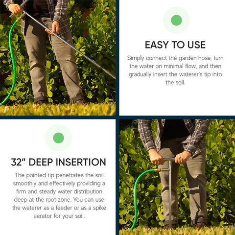 Stainless Steel Deep Root Feeder For Tree Watering Spike Tool Irrigation being used by person in a garden