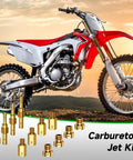 Carburetor Main Jet And Pilot Jet Kit For Keihin PWK CVK OKO KOSO Polini Carbs Includes 30 Main Jets And 10 Pilot Jets Compatible With Dirt Bikes ATVs Quads Go Karts And 4 Wheelers For Precise Tuning with red and white dirt bike in background