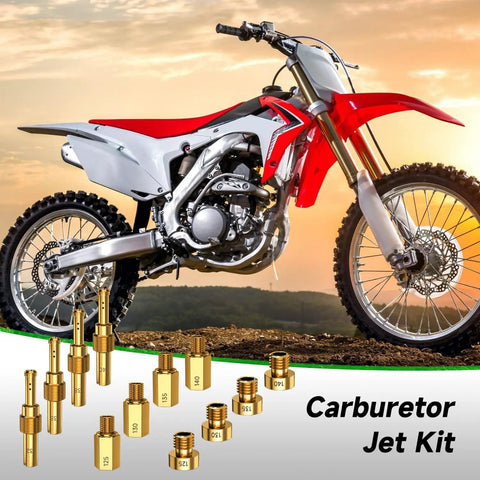 Carburetor Main Jet And Pilot Jet Kit For Keihin PWK CVK OKO KOSO Polini Carbs Includes 30 Main Jets And 10 Pilot Jets Compatible With Dirt Bikes ATVs Quads Go Karts And 4 Wheelers For Precise Tuning with red and white dirt bike in background