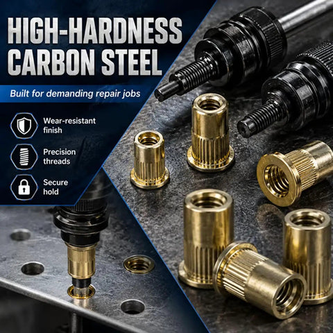 Premium Carbon Steel Rivet Nut Set With Heavy Duty Head Tool For M3 To M8 Sizes Featuring Compact Carry Case Perfect For Garage Fixes And Diy Projects That Get The Job Done Fast. Carbon steel rivet nuts and install tool on metal sheet