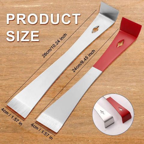 Two Pack Beefy Stainless Steel Pry Bars Set With Nail Puller And Angled Edges Flat Mini Crowbars For Scraping Pulling Lifting And Beekeeping Tasks Multipurpose Crowbar Tools For Kitchen Remodels And General DIY displayed on wooden surface showing size dimensions