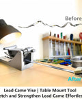 Professional Lead Came Stretcher And Vise Tool For Stained Glass Crafts with silver lead wire and colorful glass pieces on wooden table.