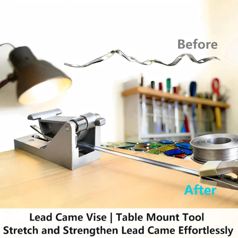 Professional Lead Came Stretcher And Vise Tool For Stained Glass Crafts with silver lead wire and colorful glass pieces on wooden table.