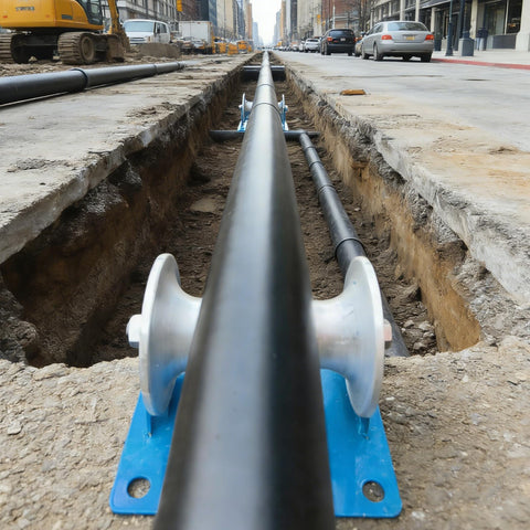 Beefy Heavy Duty Cable Puller Sheave For Large Scale Laying Industrial Pipe Feeding Pulley visible in urban trench.