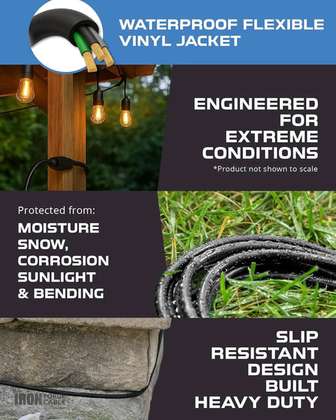 Heavy Duty Tough As Nails 10 Foot Weatherproof Extension Cord shown outdoors on grass and wooden post demonstrating durability