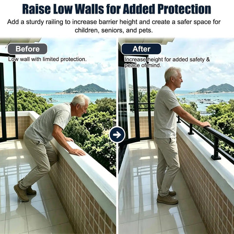 Man leaning on the Top Shelf Weatherproof Aluminum Rooftop Deck Railing Kit, showcasing added height for safety on a balcony.