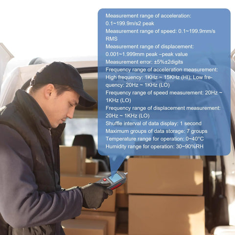Beast Industrial Grade Digital Vibration Meter For Machinery Diagnostics, Measures Acceleration 0.1-199.9 m/s2, Displacement 0.001-1.999 mm, And Velocity 0.1-199.9 mm/s, With Data Storage, Ideal For Compressors, Fans, Gearboxes used by worker