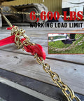 Grade 70 3/8 Inch By 20 Foot Transport Chain With Clevis Grab Hooks DOT Approved Heavy Duty Tie Down Binder Chain Yellow Zinc Plated, securing load on flatbed with 6,600 lbs WLL