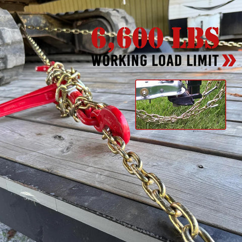 Grade 70 3/8 Inch By 20 Foot Transport Chain With Clevis Grab Hooks DOT Approved Heavy Duty Tie Down Binder Chain Yellow Zinc Plated, securing load on flatbed with 6,600 lbs WLL