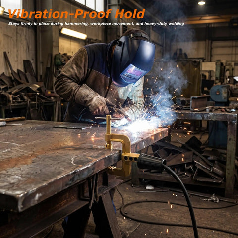 Heavy Duty C Style Welding Ground Clamp Beast in use with a welder, showcasing massive 2.3 inch jaw opening and solid brass build.
