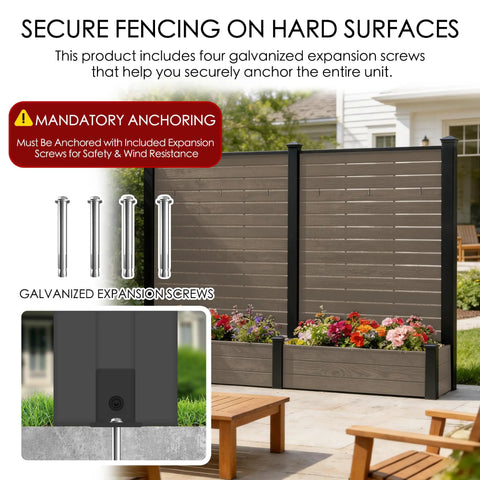 Two Pack Outdoor Privacy Screen With Planter For Patio Or Balcony, Standing 70 Inches Tall By 51 Inches Wide, Built Tough Aluminum Frame With Thick WPC Boards, All In One Garden Privacy Screen For Yard In Beige, includes galvanized expansion screws for secure anchoring on hard surfaces.