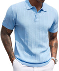 Man wearing Mens Knit Polo Shirt Short Sleeve Golf Polo With Classic Fit Lightweight Textured Knit Ribbed Hem Banded Bottom Casual Yet Sharp Polo For Everyday Wear In Light Blue