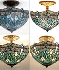 Sea Blue Tiffany Style Dragonfly Ceiling Light Fixture, Stained Glass Semi Flush Mount Lamp, 12 Inch Shade, Antique Green Bronze Base