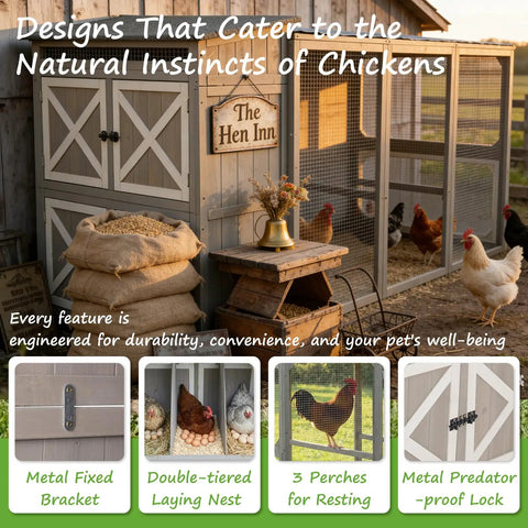 Expandable Two Story Chicken Coop With Six Nesting Boxes And Connectable Outdoor Run For Backyard Flock Expansion in rustic setting.