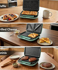 Keinve 3 In 1 Sandwich Maker Waffle Press And Panini Grill With Non Stick Plates displaying waffles, grilled cheese, and paninis.