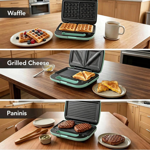 Keinve 3 In 1 Sandwich Maker Waffle Press And Panini Grill With Non Stick Plates displaying waffles, grilled cheese, and paninis.