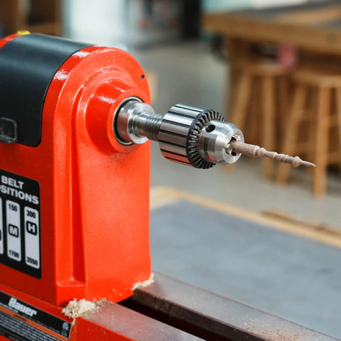 Heavy Duty Drill Chuck Set 5/8 Inch Capacity With JT33 MT2 And JT33 MT1 Taper Arbors on red wood lathe