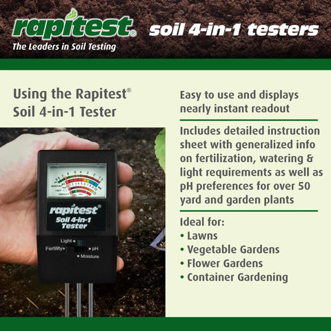 Person holding 4 In 1 Soil PH Moisture Fertility And Light Tester For Gardens And Lawns With Stainless Probes No Batteries Required A Nifty Soil Meter