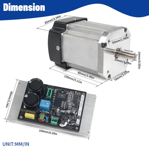 110V 750W DC Brushless Spindle Motor Kit With Driver Board dimensions, showing compact iron body and precise control features.