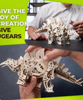 Walking Stegosaurus Wooden 3D Puzzle Kit for Adults, Wind Up Mechanical Dinosaur Model, DIY Craft Project with 305 Pieces, Realistic Dino Gift, Dope Brain Teaser for Weekends. Wooden stegosaurus being assembled by hand.